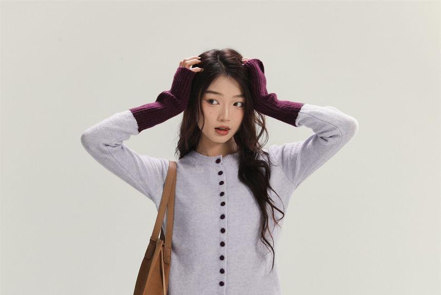 Crew Neck Two Tone Button-Up Cardigan Product Image