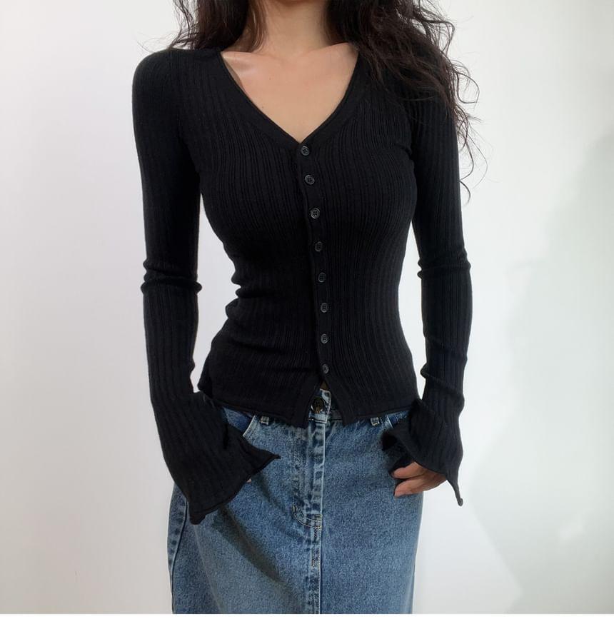 V-Neck Plain Ribbed Cardigan Product Image