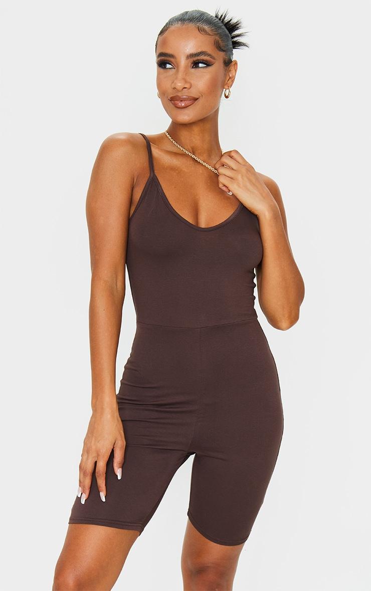 Chocolate Basic Strappy Plunge Unitard Product Image