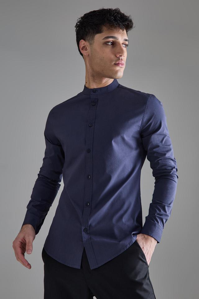 Long Sleeve Grandad Collar Stretch Shirt | boohooMAN USA Product Image