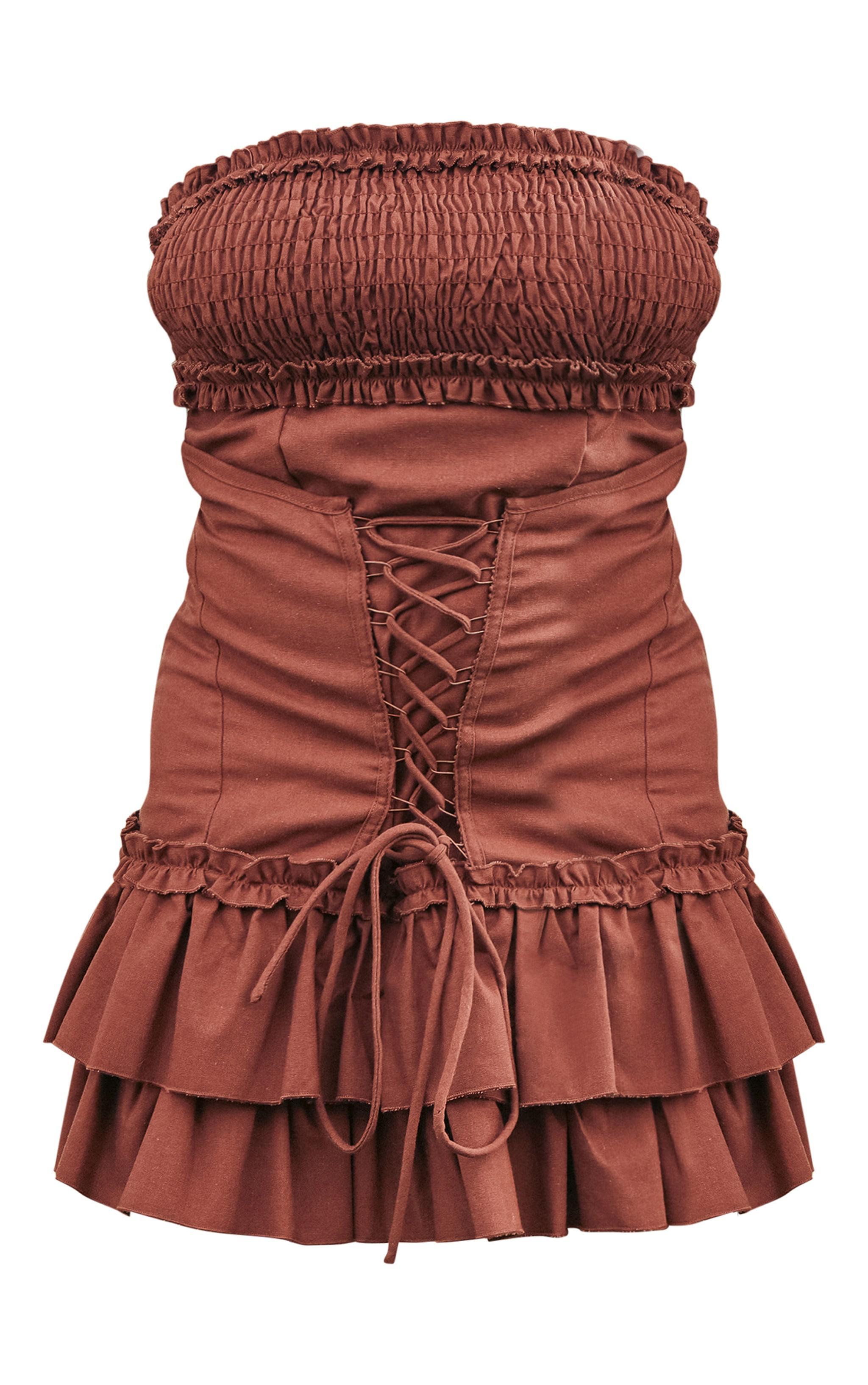 Dark Brown Linen Look Corset Ruffle Detail Bodycon Dress Product Image