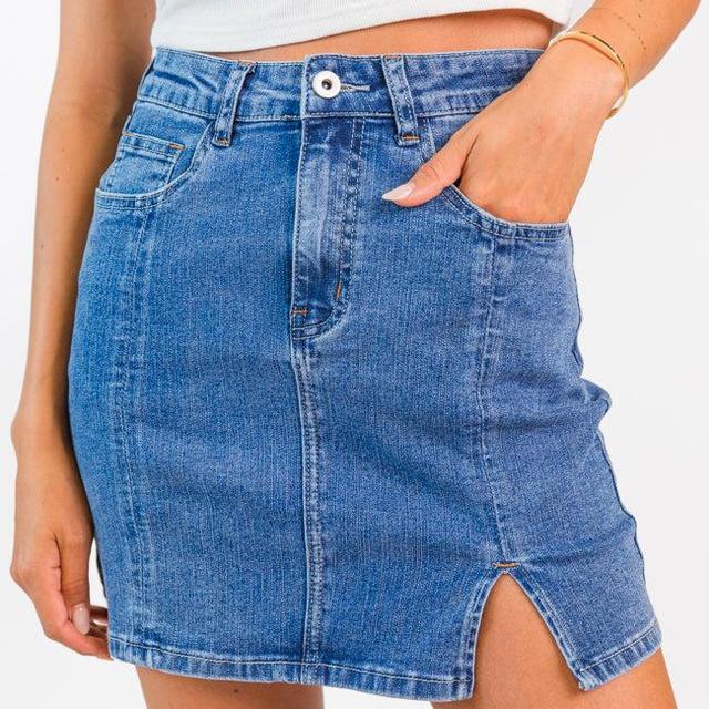 Somewhere Out There Medium Wash Side Slit Denim Skirt Product Image