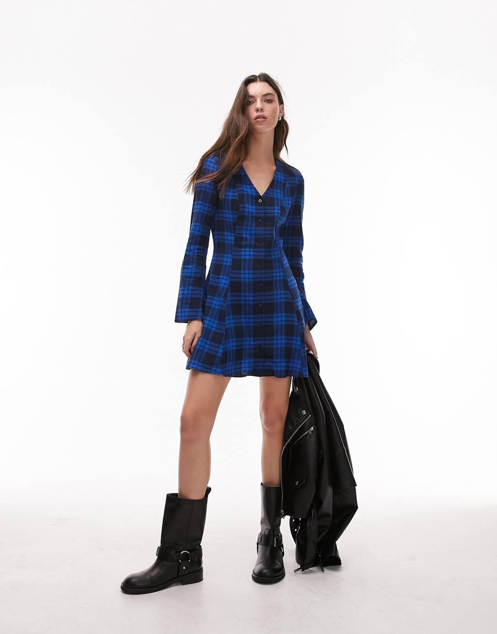 Topshop v neck brushed check mini shirt dress in blue check Product Image