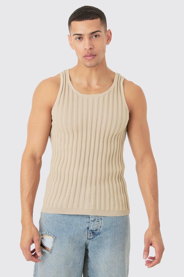 Mens Beige Muscle Fit Ribbed Knit Vest, Beige Product Image