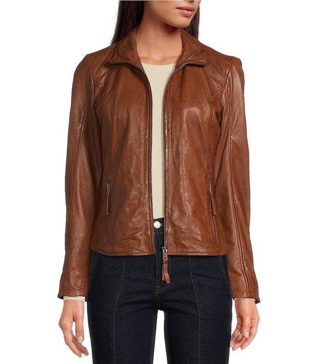 Mauritius Front Zip Lambskin Leather Long Sleeve Moto Statement Jacket Product Image