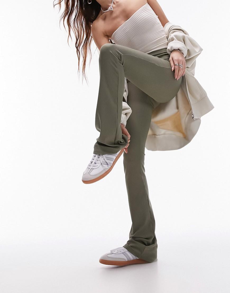 Topshop skinny rib flared pants in khaki product image