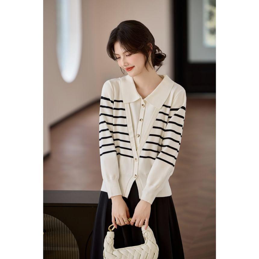 Collared Striped Button-Up Cardigan Product Image