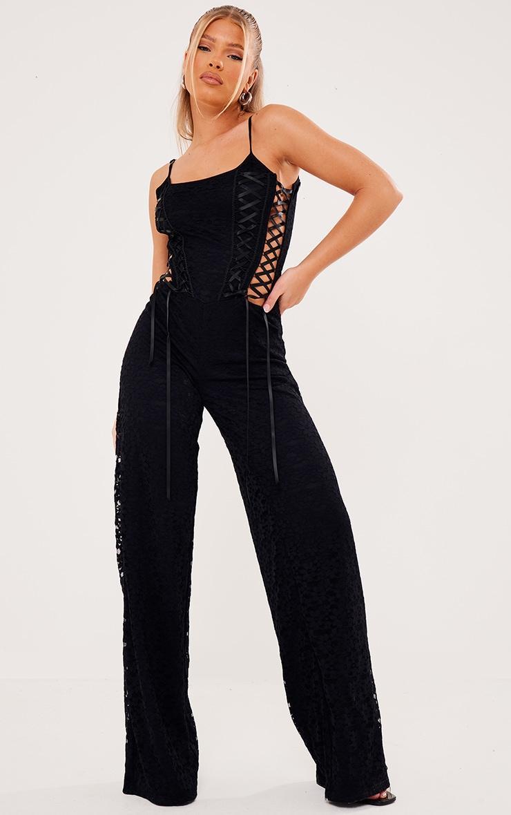 Black Lace Lace Up Strappy Jumpsuit Product Image