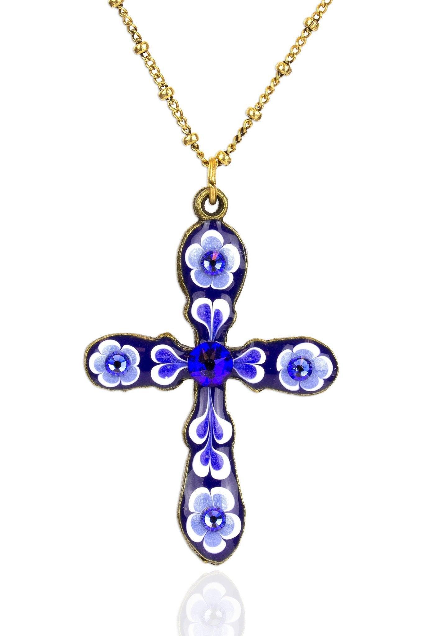 Blue & White Enamel Garden Cross Pendant Necklace Product Image