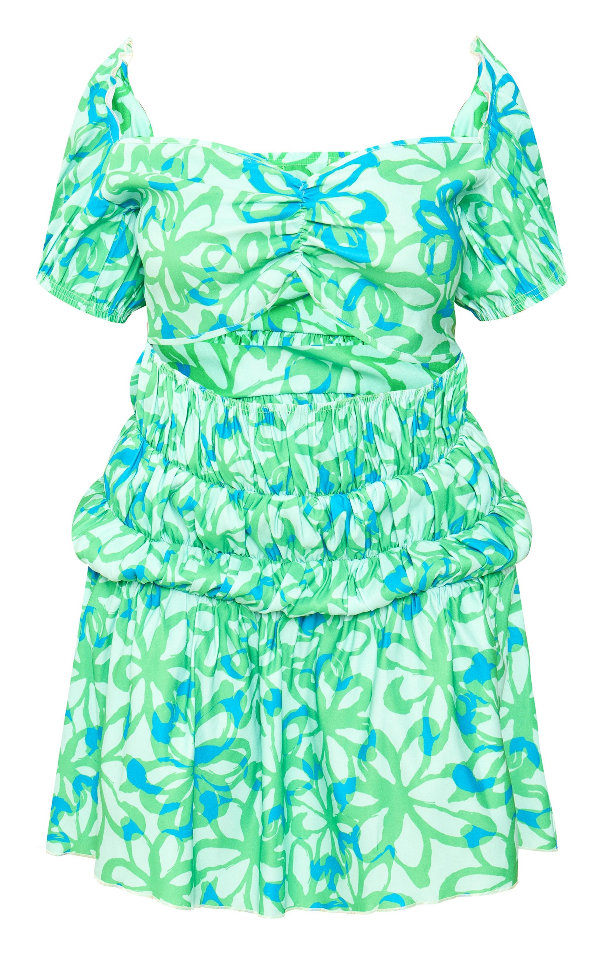 Plus Green Floral Print Puff Sleeve Cinched Waist Mini Dress Product Image