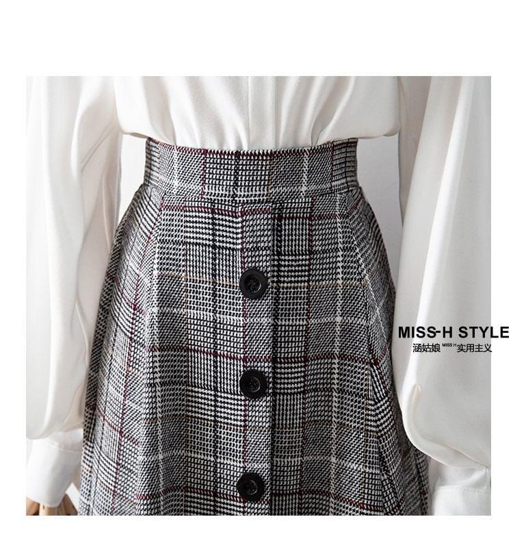 High Waist Plaid Midi A-Line Skirt Product Image