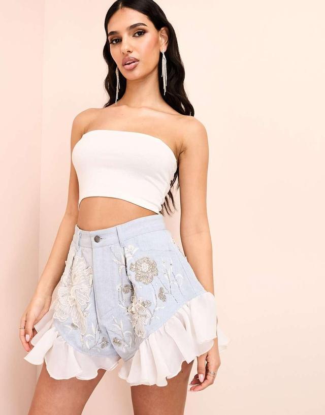 ASOS LUXE embellished denim shorts with organza trim in mid wash blue Product Image