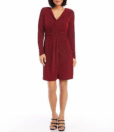 Karen Kane Soft Metallic Knit Surplice V-Neck Long Sleeve Front Twist Stretch Sheath Dress Product Image