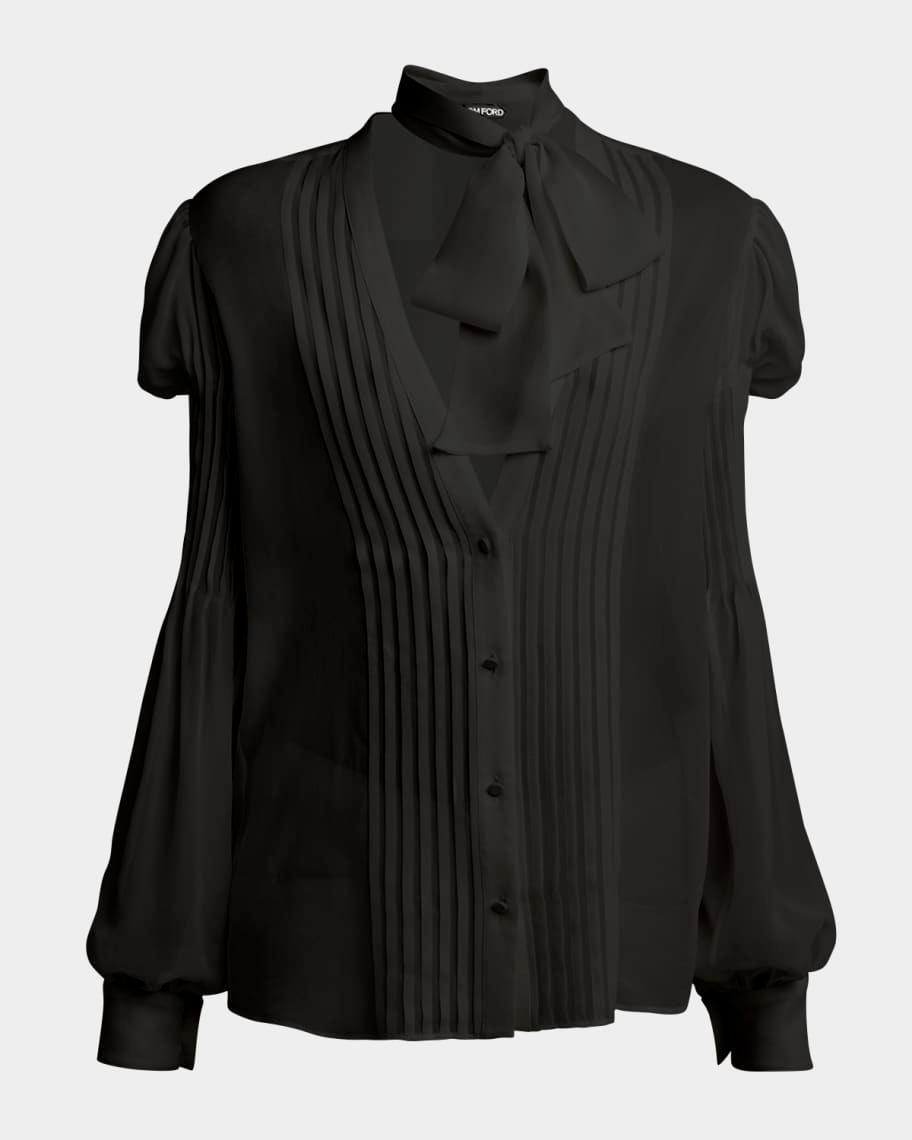 Semi-Sheer Silk Blouse with Tie Neck Product Image