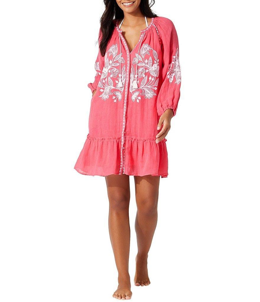 Tommy Bahama Linen Blend Gauze Embroidered Split V-Neck Tunic Swim Cover-Up Dress Product Image