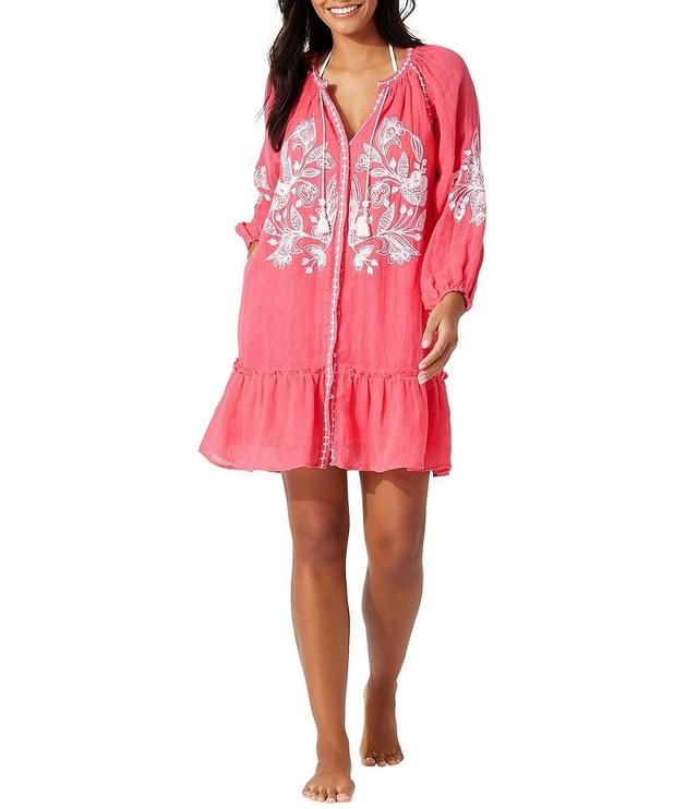 Tommy Bahama Linen Blend Gauze Embroidered Split V-Neck Tunic Swim Cover-Up Dress Product Image