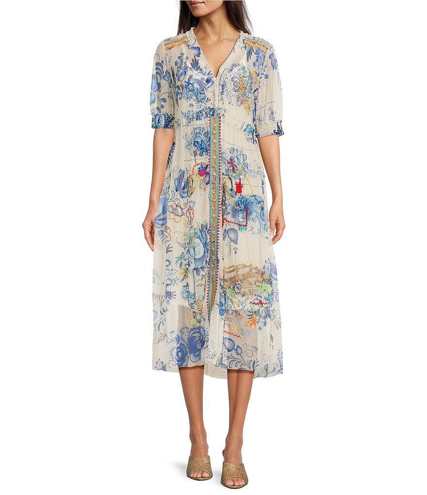 JOHNNY WAS Mazzy Floral Print Embroidered Mesh V-Neck Short Puff Sleeve Midi A-Line Dress Product Image