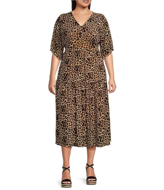 Calessa Plus Size Stretch Mesh Cheetah Print V-Neck Elbow Sleeve Tiered A-Line Dress Product Image