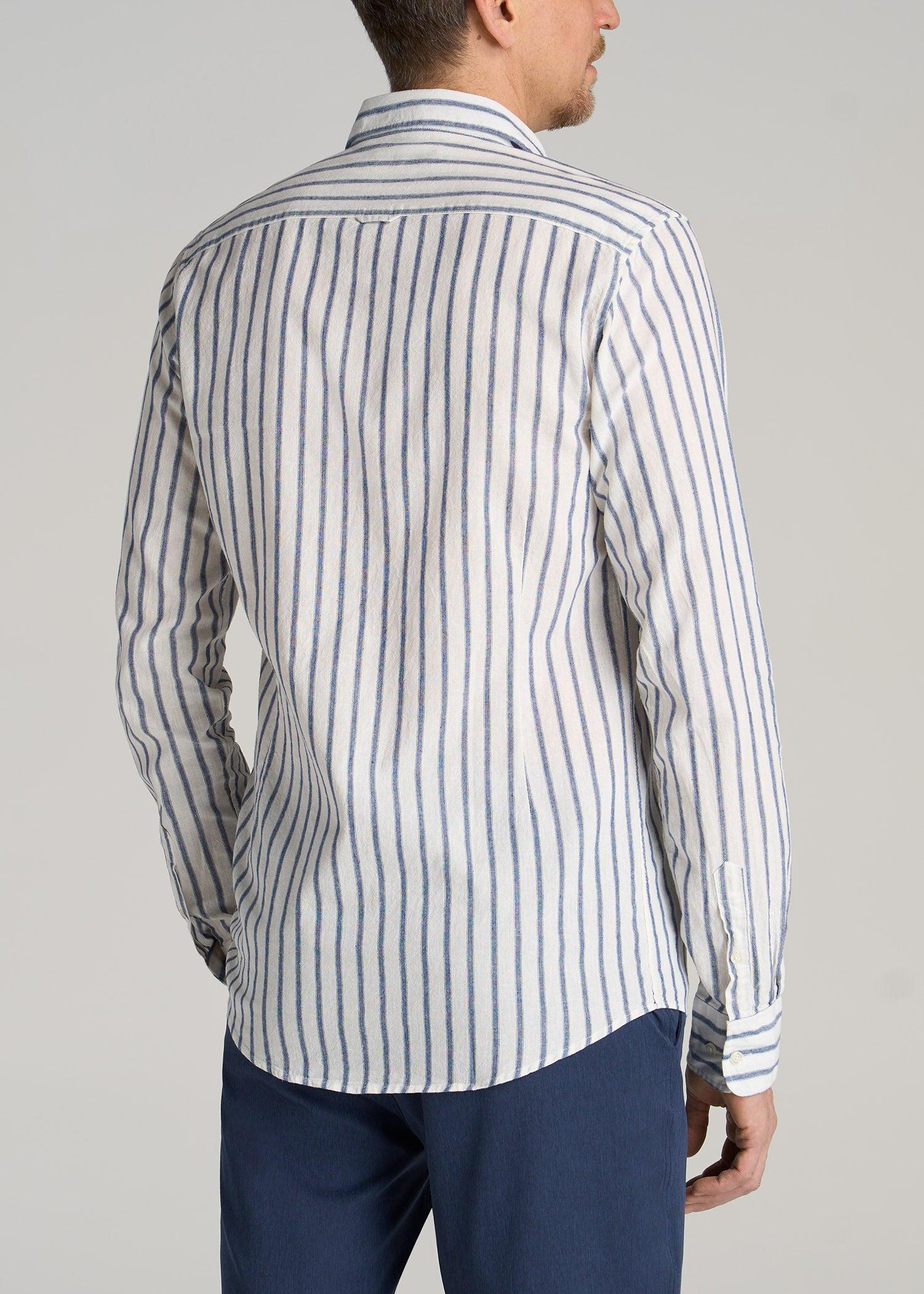 Linen Long Sleeve Shirt for Tall Men in Navy Stripe Product Image