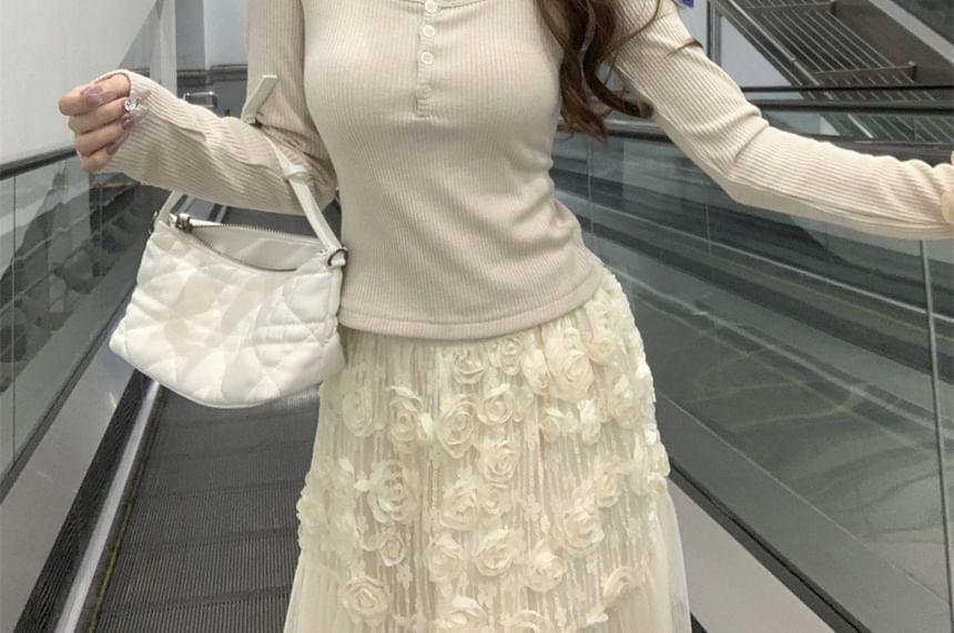 Long-Sleeve Henley Lace Panel Ribbed Slim Fit T-Shirt Product Image