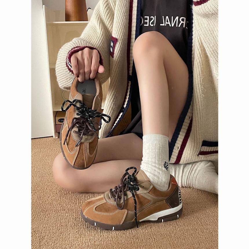 Color Block Lace-Up Faux Leather Sneakers Product Image