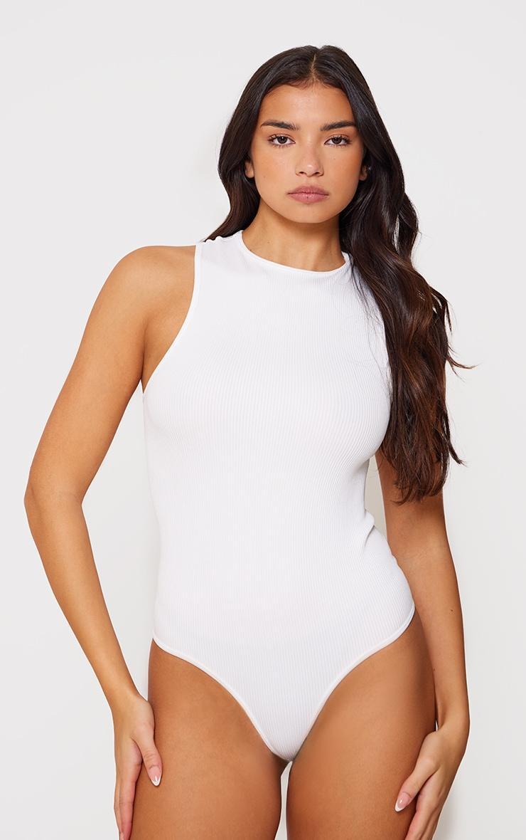 White Structured Contour Racer Neck Ribbed Bodysuit Product Image