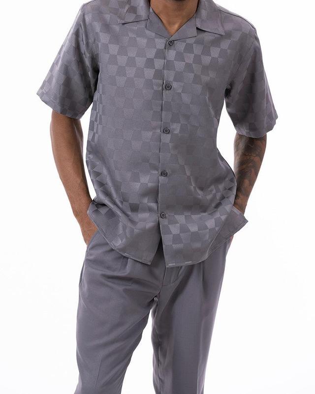 (L, 2XL) Gray Tone on Tone Check Walking Suit 2 Piece Short Sleeve Set Product Image