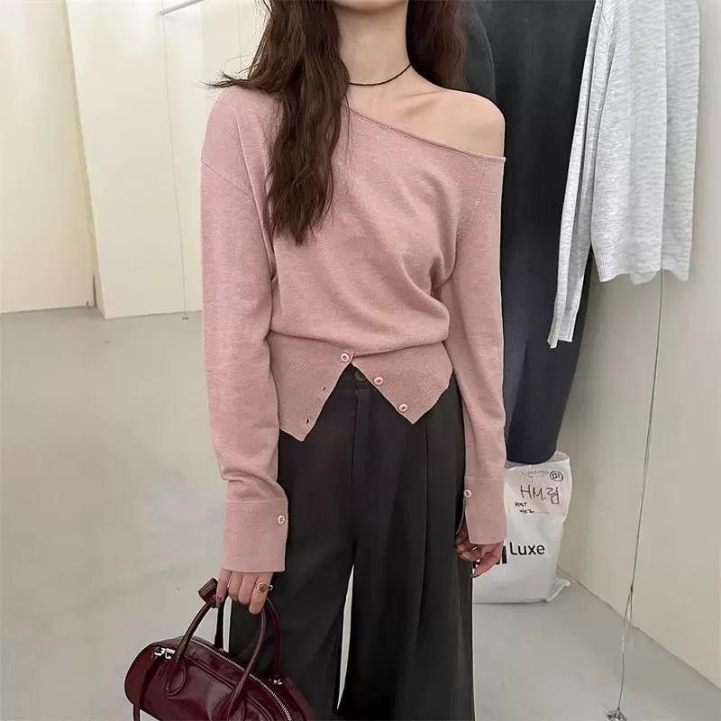 Long-Sleeve Off-Shoulder Plain Buttoned Slit Knit Top Product Image