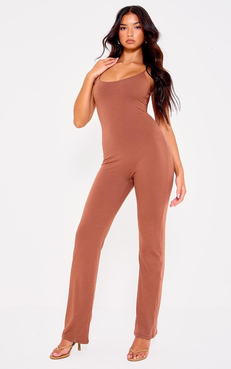 Chocolate Double Layer Contour Jersey Strappy Scoop Back Jumpsuit Product Image