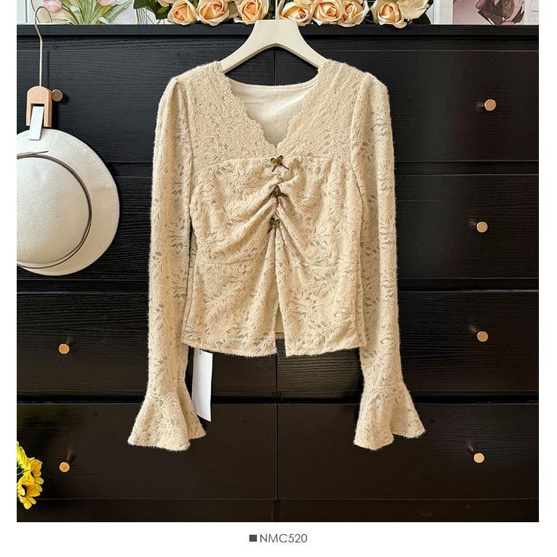 Bell-Sleeve V-Neck Lace Blouse Product Image