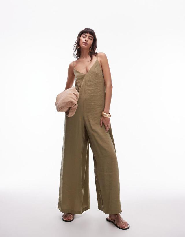 Topshop cami wide leg jumpsuit with tie back in khaki Product Image