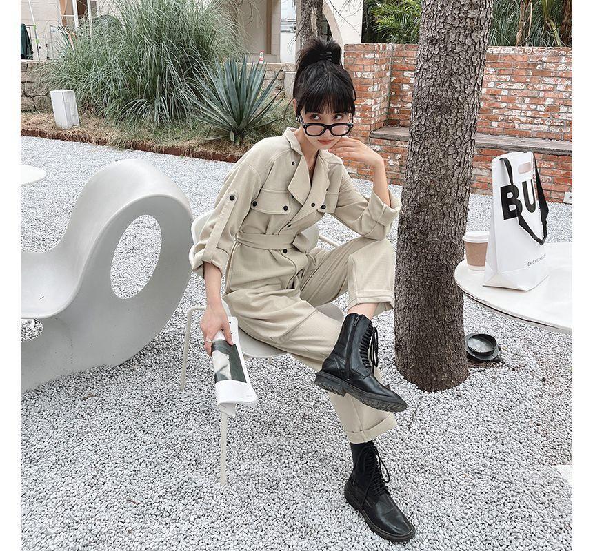 Long-Sleeve Collared Plain Button Jumpsuit Product Image