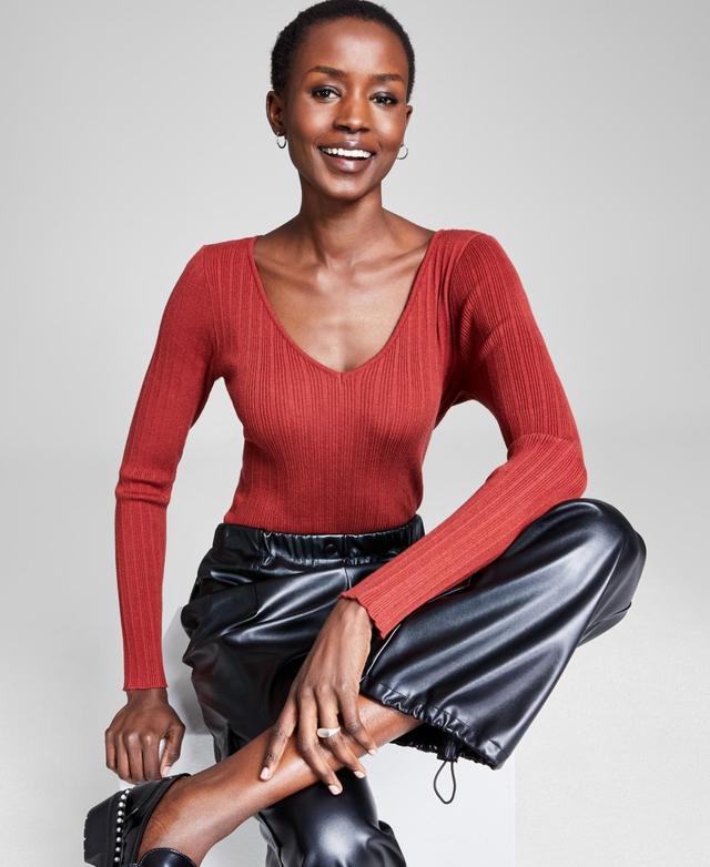 And Now This Womens V-Neck Ribbed Sweater-Knit Long-Sleeve Bodysuit, Created for Macys Product Image