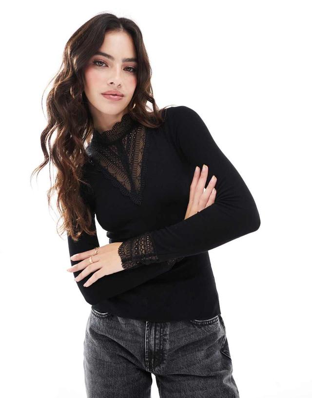 ONLY long sleeve lace insert top in black Product Image