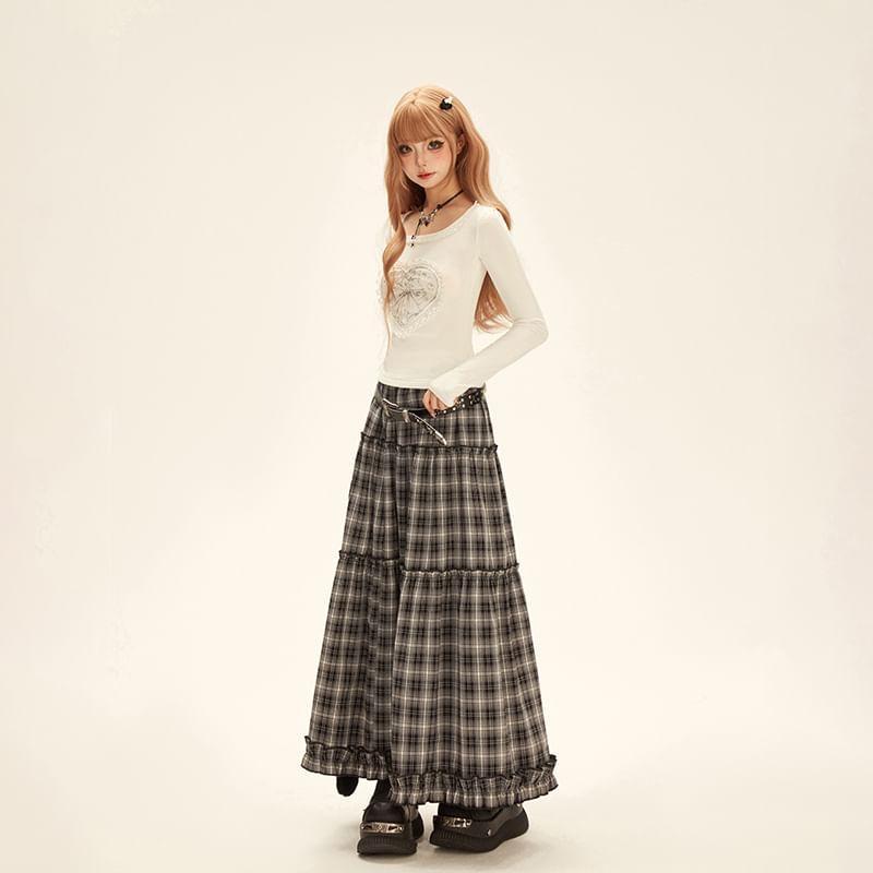 High Rise Ruffle Trim Plaid A-Line Maxi Skirt Product Image