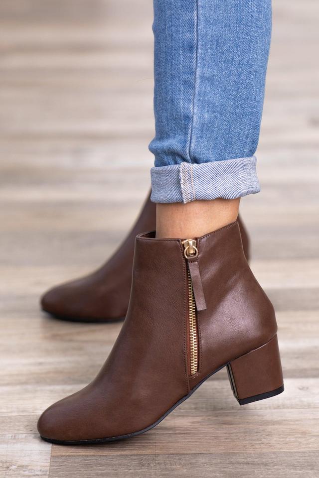 Brown Faux Leather Side Zip Booties Product Image