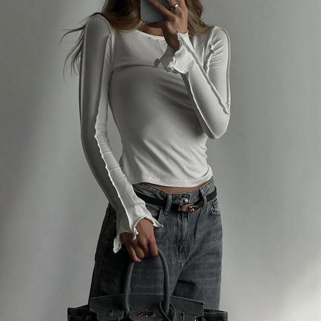 Long-Sleeve Flared-Cuff Plain Crop Top Product Image