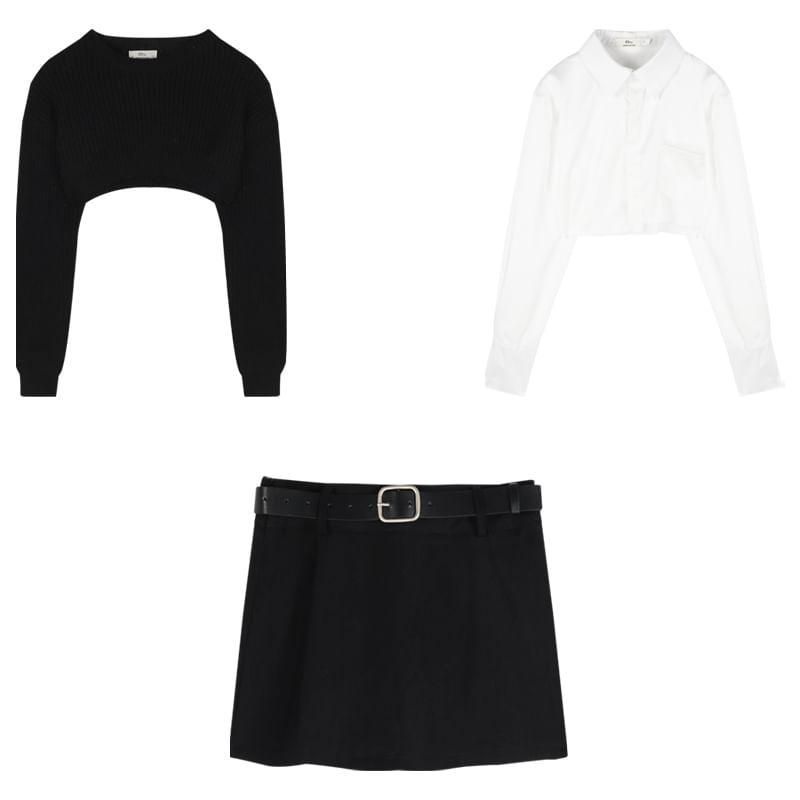 Plain Frayed Crop Shirt / Crew Neck Cropped Sweater / High Waist Mini Pencil Skirt Product Image