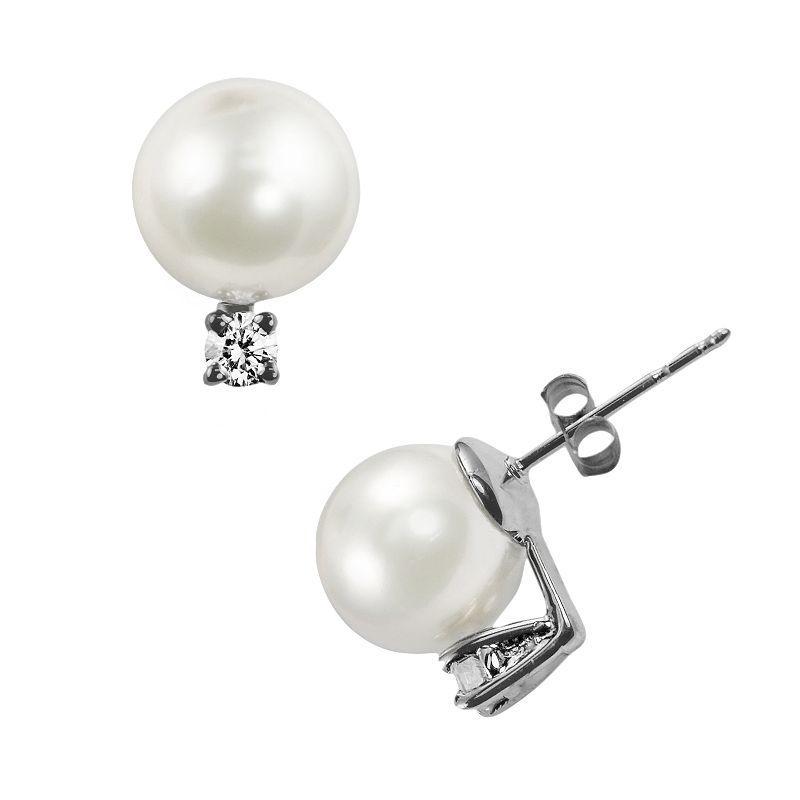 14k White Gold Akoya Cultured Pearl and Diamond Accent Stud Earrings, Womens Product Image