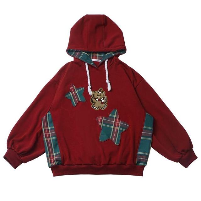 Bear Print Star Applique Plaid Panel Fleece-Lined Hoodie Product Image