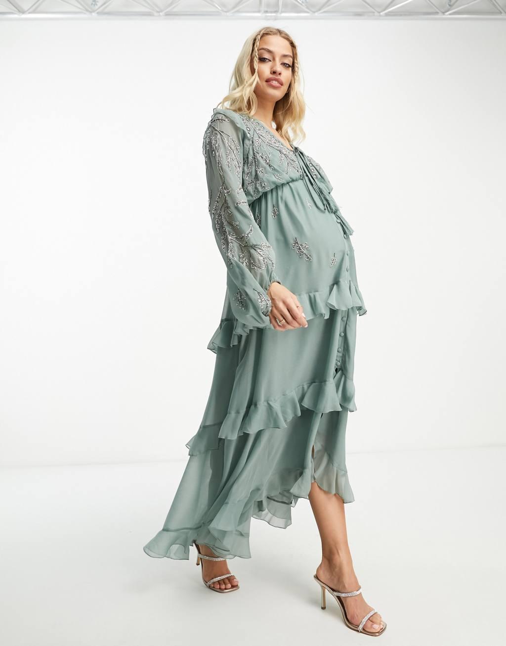 ASOS DESIGN Maternity soft midi dress with button front and trailing floral embellishment in sage Product Image