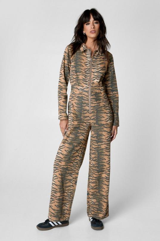 Tiger Print Denim Jumpsuit Product Image