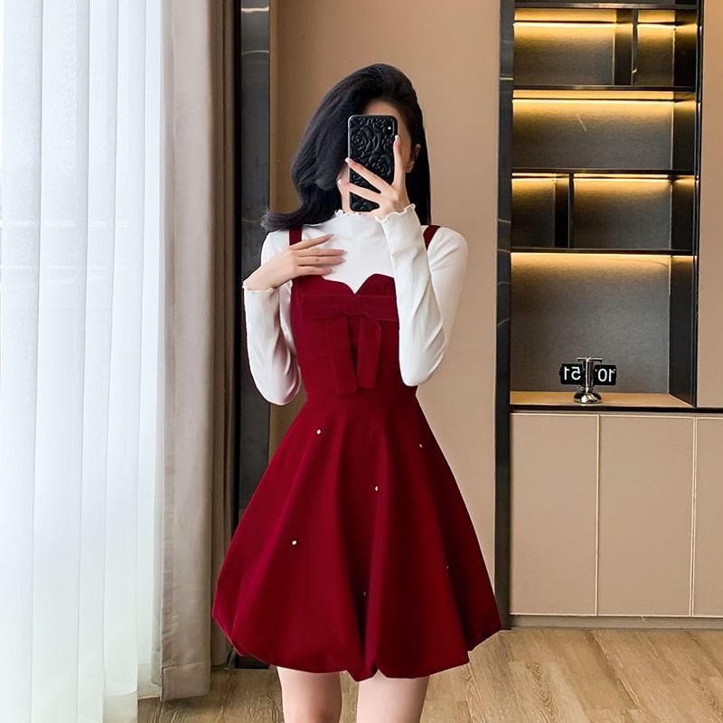 Bow Velvet Mini A-Line Dungaree Dress / Long-Sleeve Mock Neck Plain Lettuce Edge Knit Top Product Image