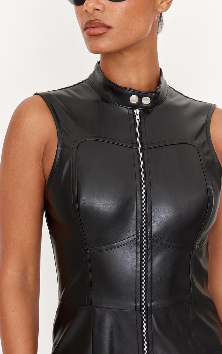 Black Faux Leather Zip Up Sleeveless Romper Product Image