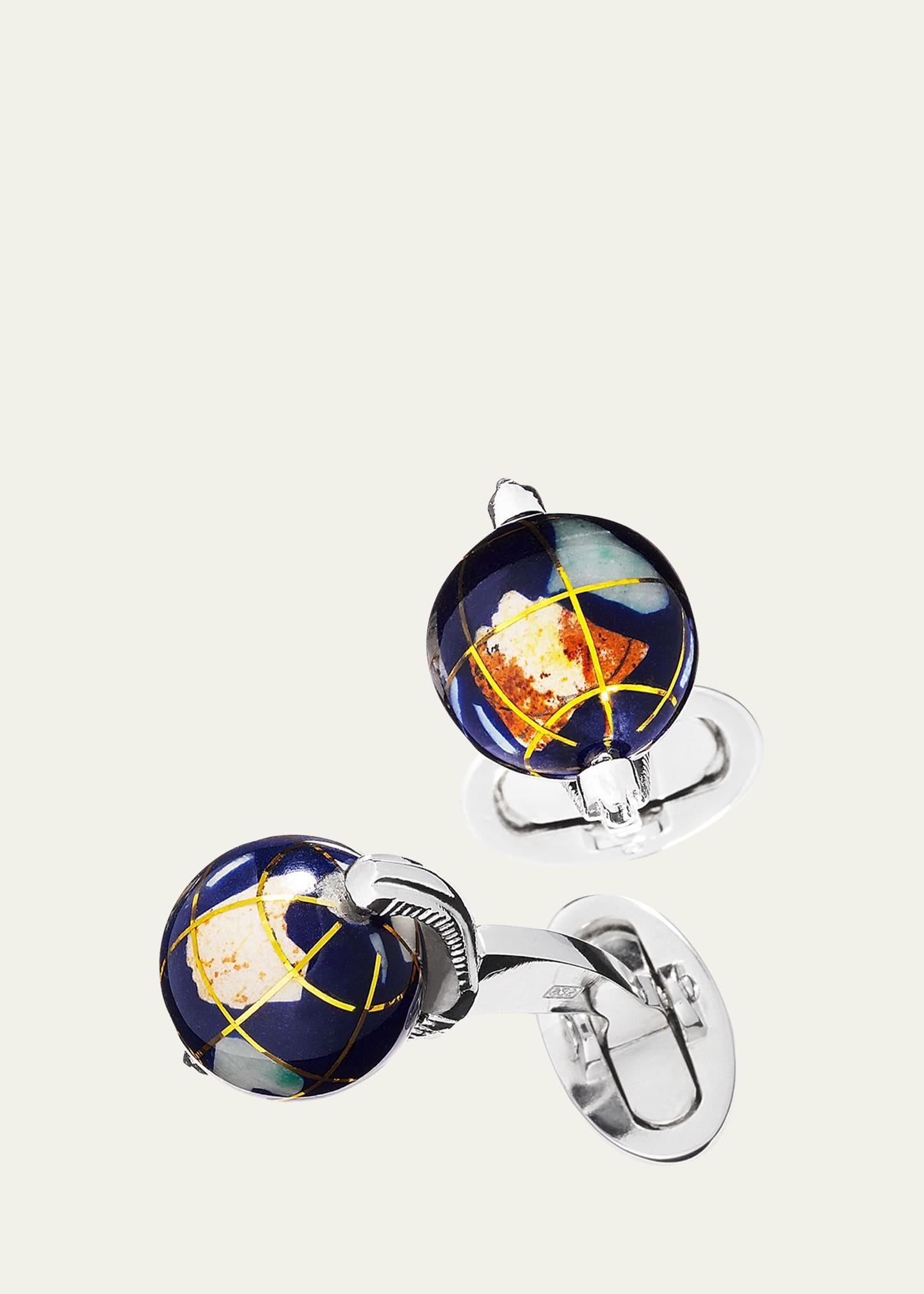 Mens Sterling Silver & Articulated Spinning Lapis Globe Cufflinks - Silver - Silver Product Image