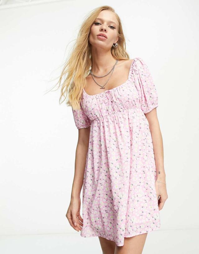 Sisters of the Tribe mini smock dress in pink floral with puff sleeves Product Image