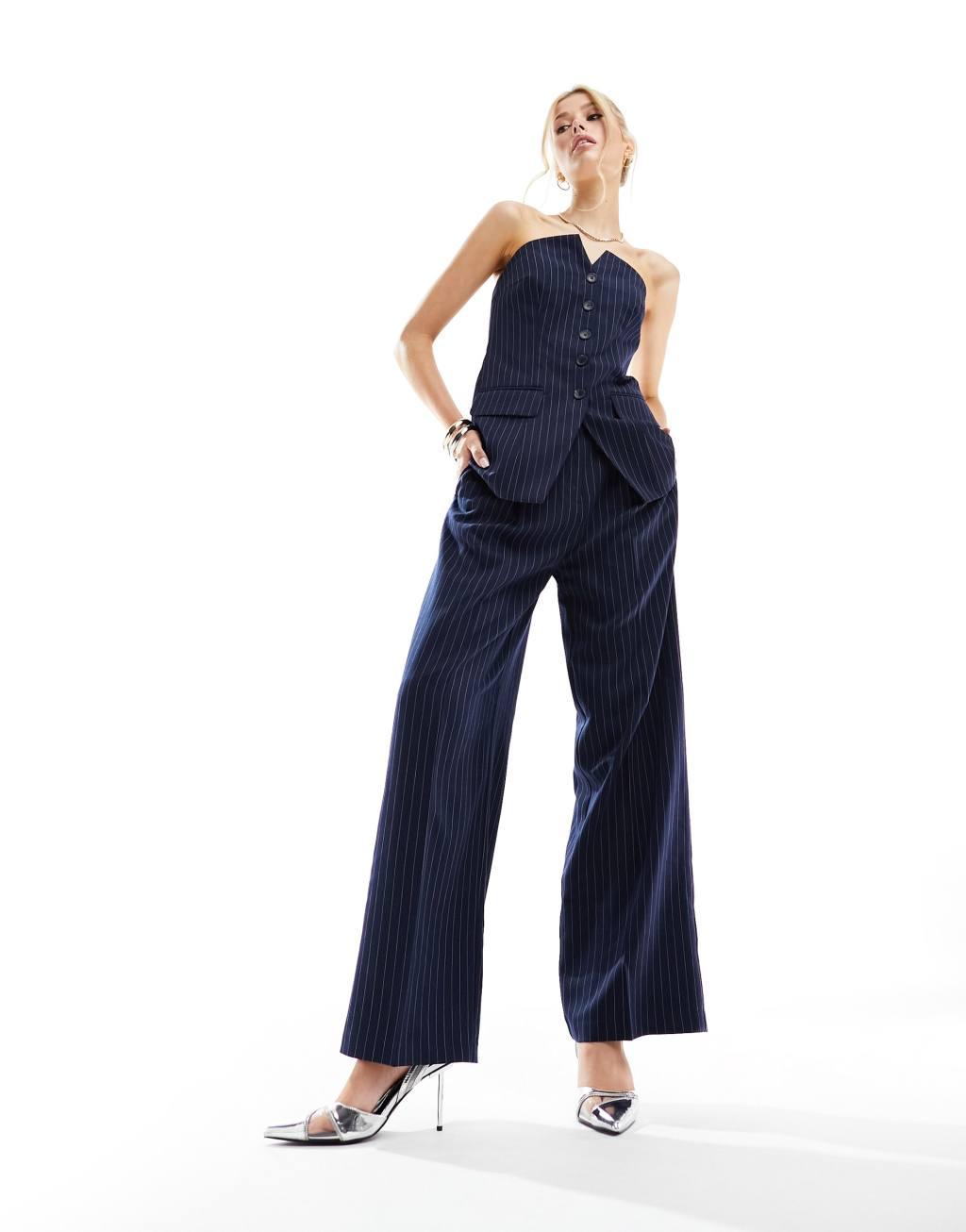 ASOS DESIGN wide leg striped suit pants in navy pinstripe - part of a set product image