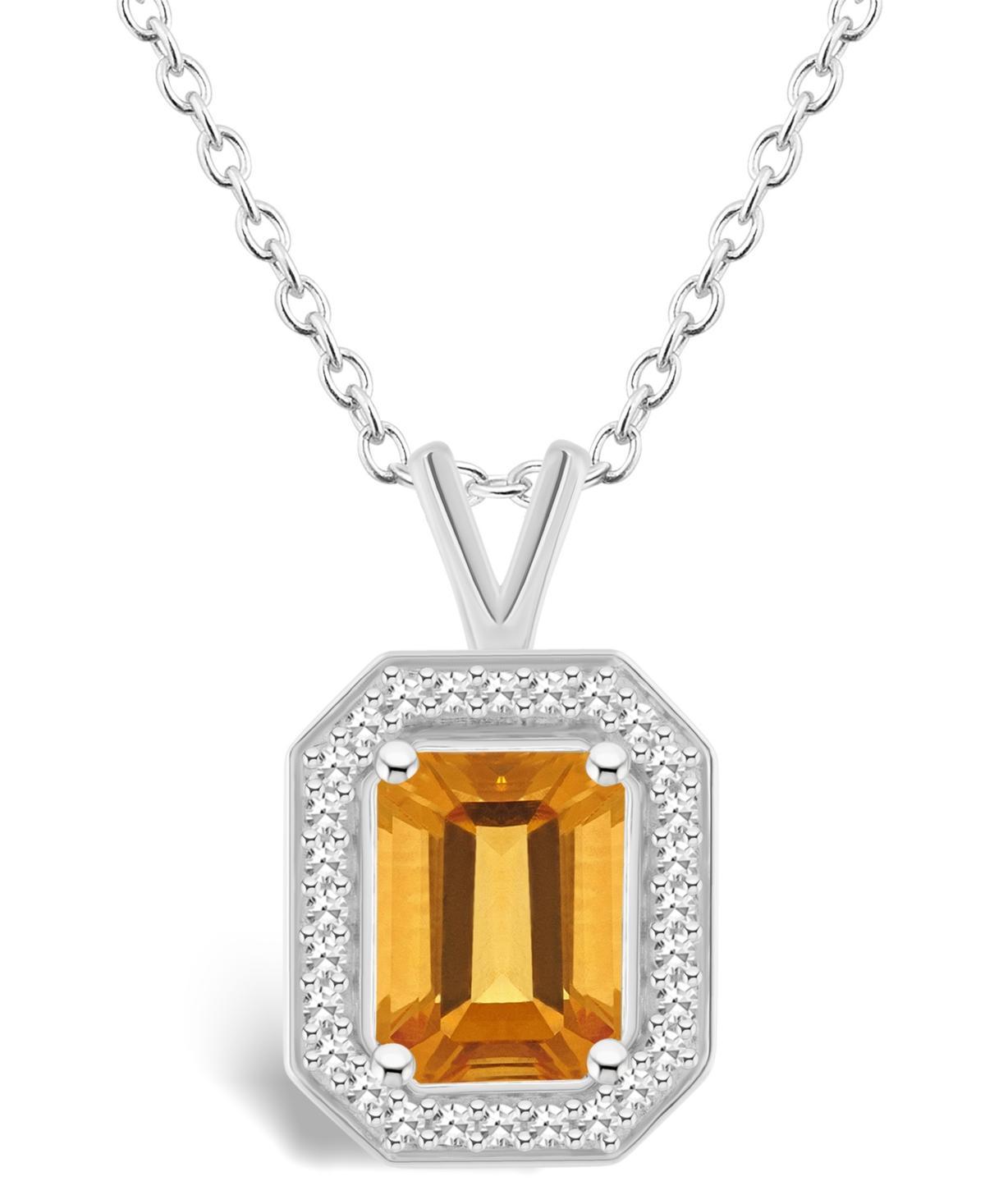 Celebration Gems Sterling Silver Emerald Cut Gemstone & 1/8 Carat T.W. Diamond Halo Pendant Necklace, Womens Orange Product Image