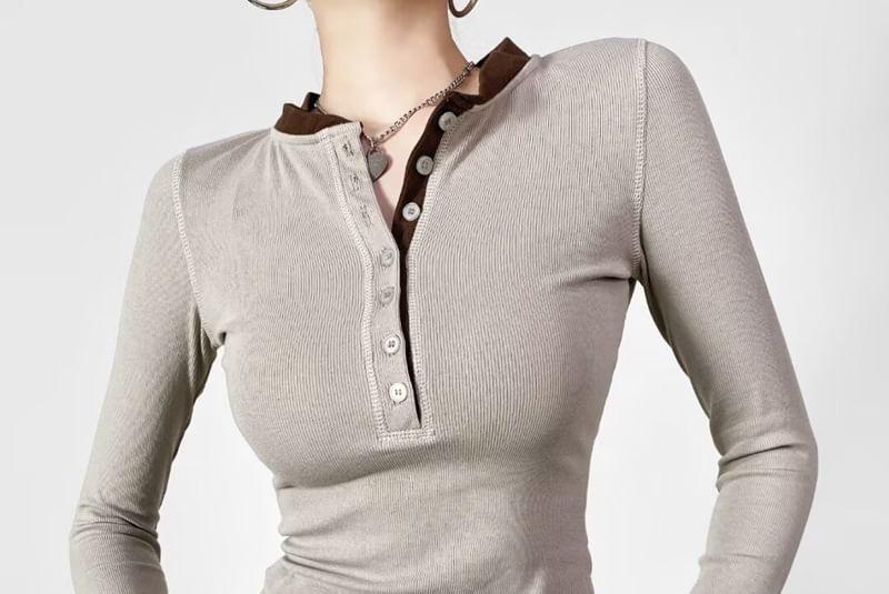 Mock Two-Piece Long-Sleeve Henley Two Tone Top Product Image