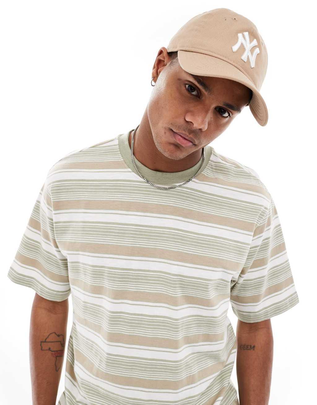 Only & Sons relaxed fit t-shirt in tonal khaki stripe Product Image